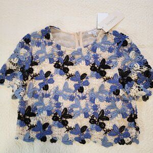 Lucy Paris Blue and Cream Crochet Flowers Crop Top Sz L